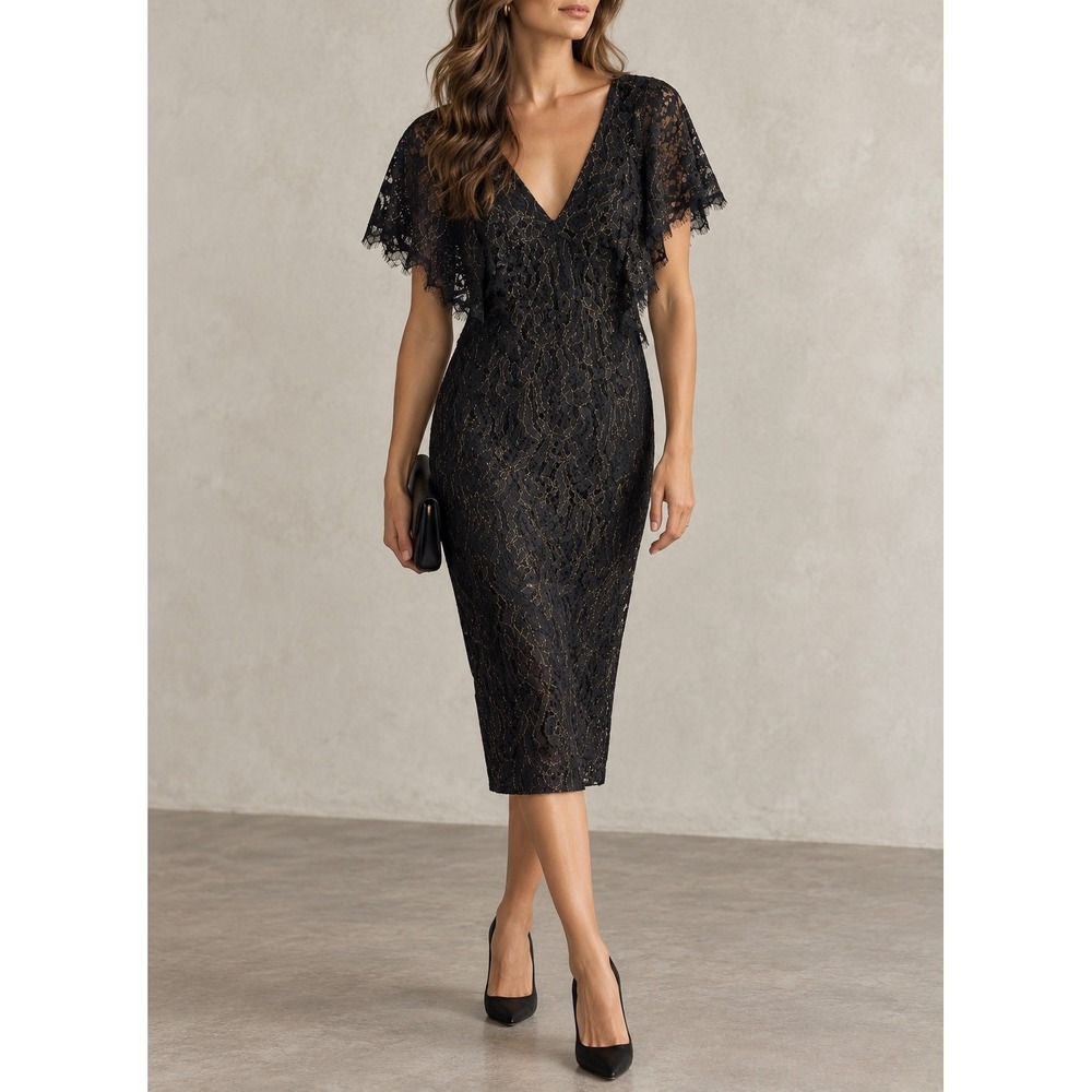 DRESS THE POPULATION Lidia Lace Metallic Midi Dress